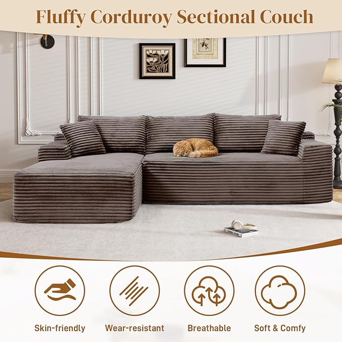 95" Boneless Cloud Sectional Couches for Living Room, Comfy Fluffy L Shaped Memory Foam Deep Seat Boneless Couch, Modular Sectional Sofa with Left Facing Chaise, Brown