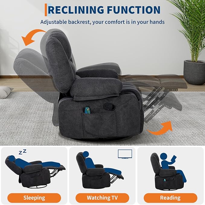 Rocker Recliner Chairs for Adults w/Vibration Massage and Heating,360° Swivel Rocker Glider Recliner,Extra Wide Manual Lazy Chair,Chenille Fabric Sofa Chair for Living Room,Bedroom,Black