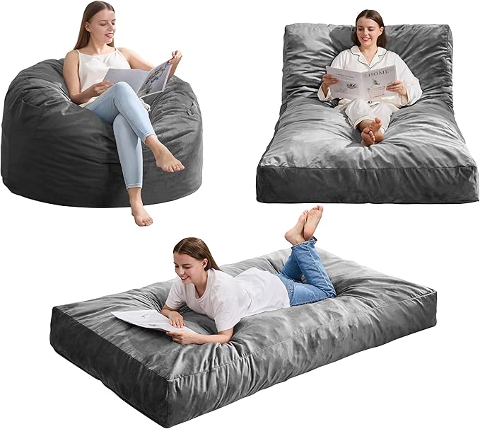 Hobestluk Giant Bean Bag Chair Bed for Adults, Large Bean Bags with High-Density Foam Filling, Convertible Big Sofa Bed Couch for Living Room, Bedroom, Playroom (Grey, Twin)