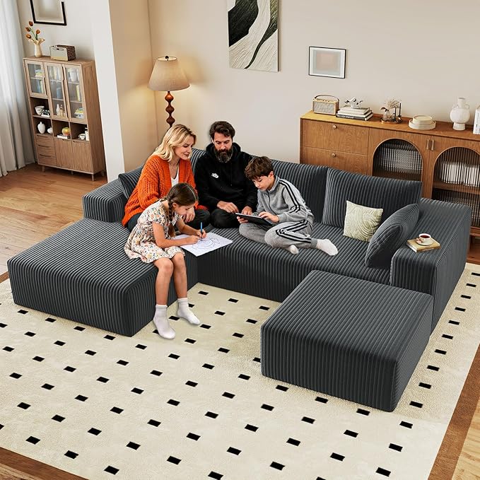 96" W Cloud Sectional Couch with Ottoman,Modern U-Shaped Cloud Couch with Deep Seat,Comfy Corduroy 3-Seater Sofa,Memory Foam Sofa for Living Room,No Assembly (Dark Grey,Left-Facing Chaise)
