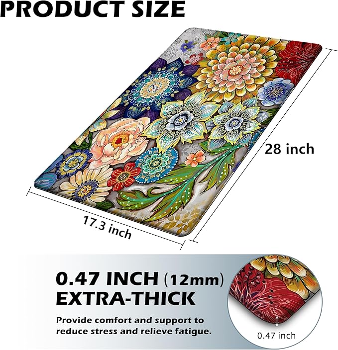 Floral Kitchen Rug Mat for Floor Boho Cushioned Anti-Fatigue Mat Memory Foam Standing Desk Padded Comfort Floor Mat for Sink, Office, Laundry, 17.3x28 Inch - 1/2 Inch Thick