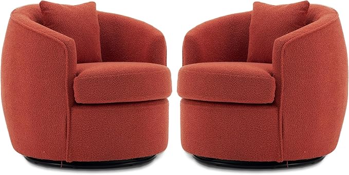 FaFaSoGoodFa Swivel Accent Chair Set of 2, Modern Upholstered Boucle Barrel Arm Chairs with Pillow for Living Room, 360 Degree Round Swivel Sherpa Armchair with Round Base for Bedroom Club (2, Orange)