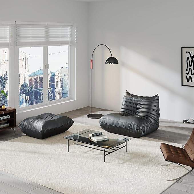 Comfy Lazy Floor Sofa Couch,Soft Armless Chair,Faux Leather Lounge Chair,Corner Relax Sofa Couch for Living Room Bedroom,Salon Office,Adults(Black+1P+ Ottoman)