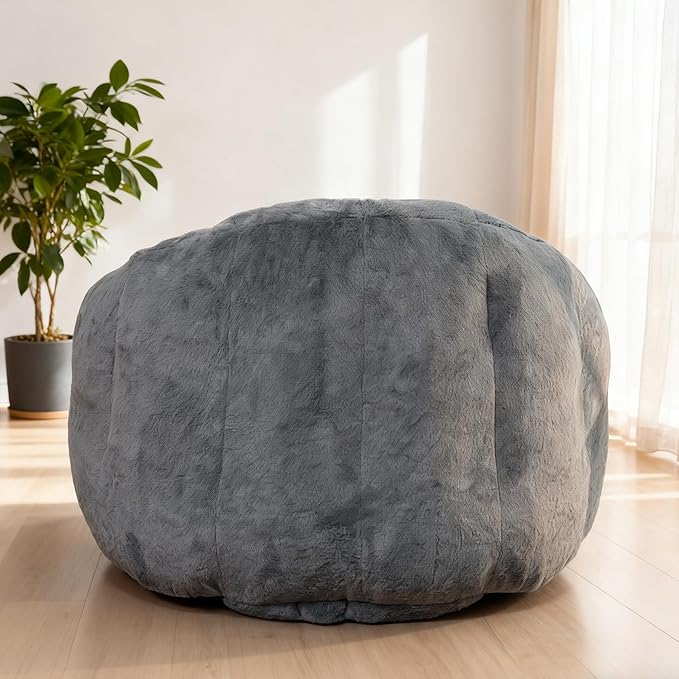 Bean Bag Chair, Giant Beanbag Chiars for Adults, Faux Fur Shell-Shaped Floor Sofa with Filler, Comfy Chair for Reading, Gaming and Relax (Grey)