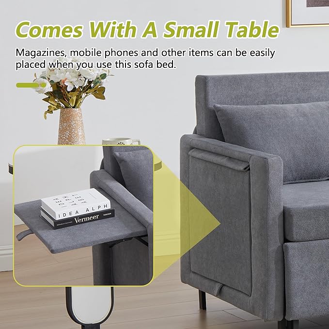 QHITTY Pull Out Couch Bed, 2-in-1 Sleeper Sofa Small Loveseat Bed with Hidden Side Table and Iron Frame for Living Room, Small Space, Apartment (Grey)