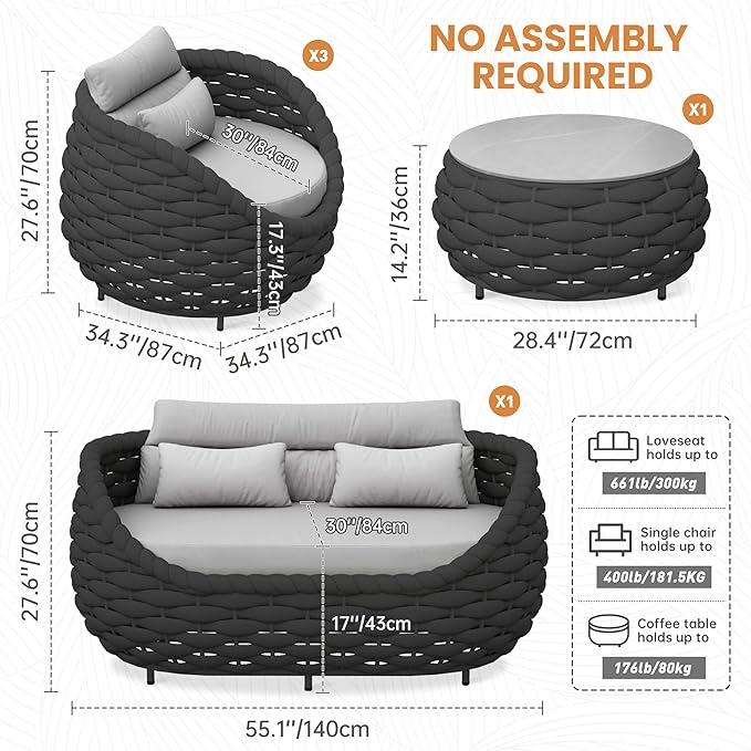 Erotr Fully Assembled Patio Furniture Set: 5 Pieces Woven Rope Outdoor Conversation Set Cushioned - Modern Metal Deck Loveseat Chair Table Set - Porch Seating for Courtyard Garden Pool Balcony Hotel