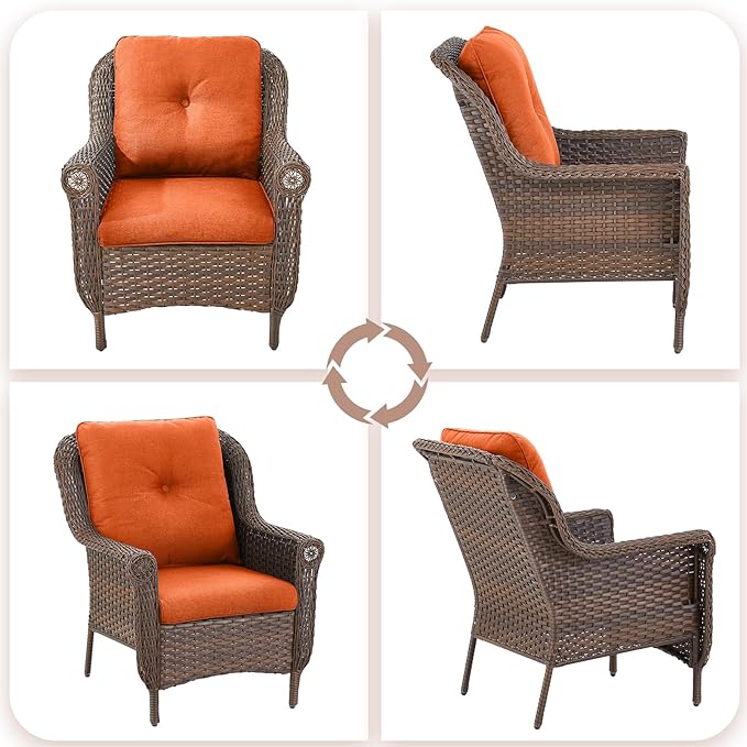 ACTREST Patio Wicker Chairs Outdoor Furniture Chair - Set of 2 Outside All Weather Lawn Dining Brown Rattan Armchair with High Back&Deep Seating for Deck Porch Balcony Backyard Garden - Orange