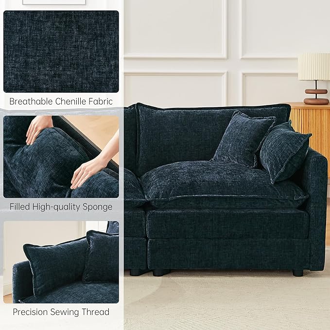 saows Modular Sectional Sofa, 147.2 Inch L Shaped Couch Set with Armrests, 4-Seater Comfy Cloud Couches with Movable Ottoman for Living Room Apartment, Blue