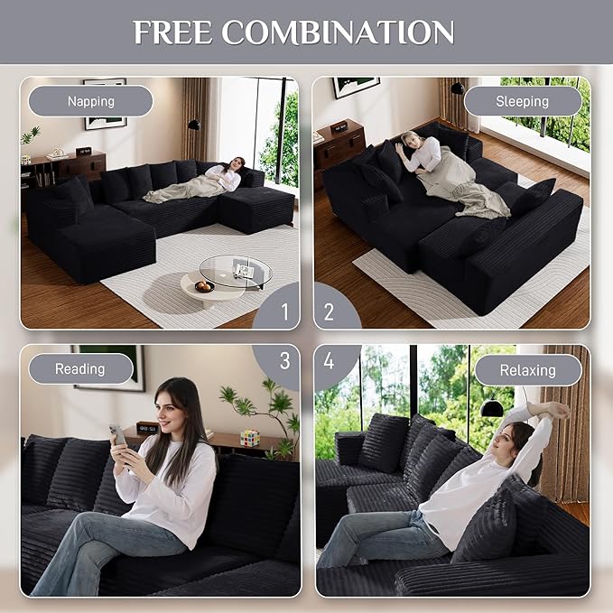 Modular Sectional Sofa, 130" U Shaped Cloud Couch Plush Corduroy Comfy Deep Seat Boneless Sofas with 8 Pillows Double Chaise Lounge Sectional Couches with Memory Foam for Living Room - Black