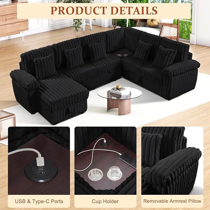 Modular Sectional Sleeper Sofa with Pull Out Bed, Storage Chaise & USB Charging, U Shaped Plush Corduroy Sectional Couches for Living Room, Comfy Convertible 7 Seat Cloud Sofa Bed, Dark Black