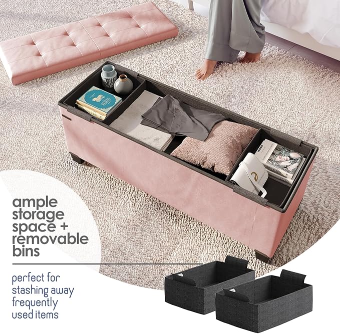 Storage Ottoman Bench with Bins, 43-in Storage Bench for Bedroom End of Bed, Folding Foot Rest Ottoman for Living Room Max 660lbs, Faux Leather Ottomans, Pink