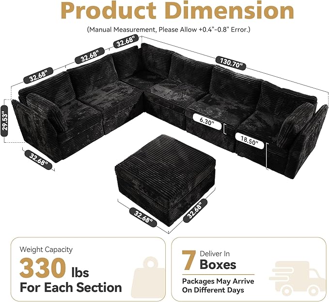 CAODOC Large 7 Seat Modular Sectional Sofa with Ottoman Seat Corduroy Sleeper Sectional Sofa Bed Oversized Convertible Modular Couch for Living Room