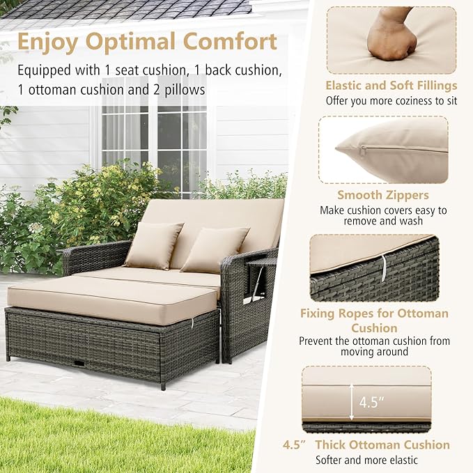 RELAX4LIFE Wicker Patio Outdoor Daybed - Rattan Day Bed Lounger w/Loveseat & Storage Ottoman, Sunbed Sofa Set w/Cushions, 4-Level Adjustable Backrest & 2 Retractable Trays, Patio Daybed (Beige-Grey)