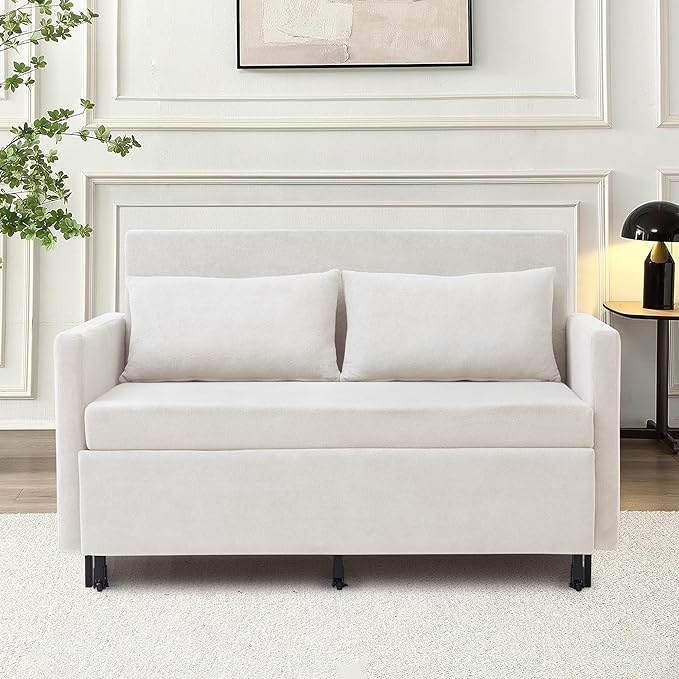 QHITTY Pull Out Couch Bed, 2-in-1 Sleeper Sofa Small Loveseat Bed with Hidden Side Table and Iron Frame for Living Room, Small Space, Apartment (White)
