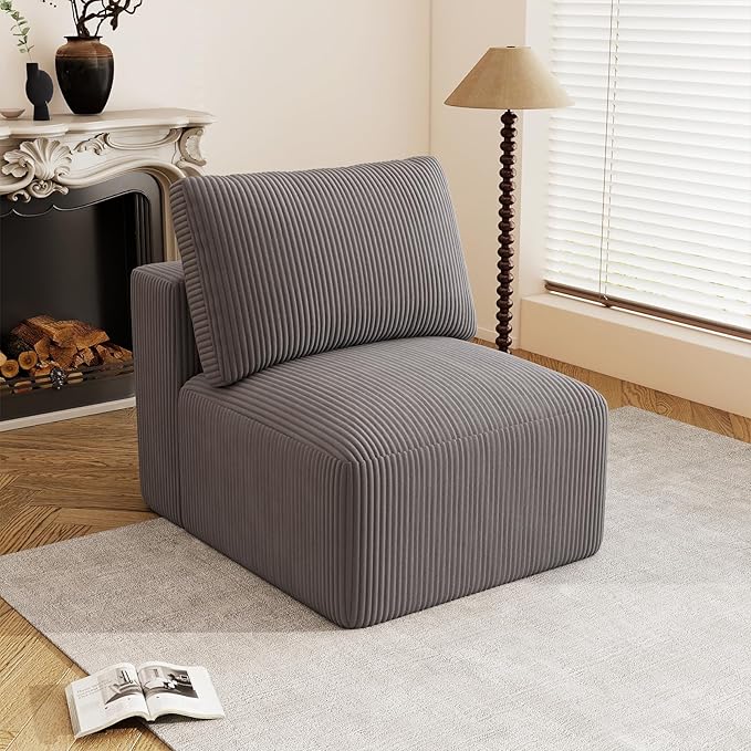 31" Modular Middle Seat Cloud Couch Extension, Armless Memory Foam Boneless Chair, Cozy Upholstered Corduroy Frameless Single Seat, No Assembly Required Accent Chair for Living Room Home Decor, Grey