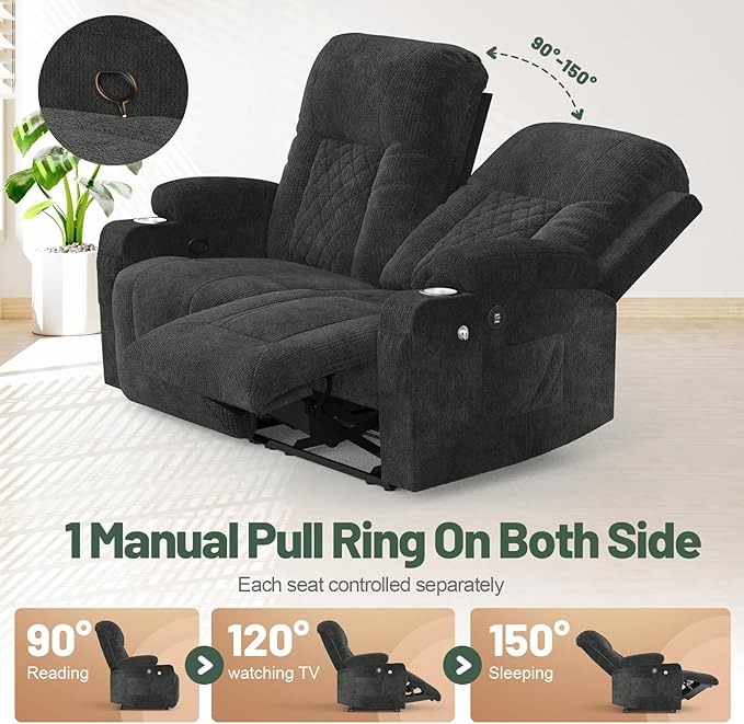 FURNIMAT Loveseat Recliner Sofa, 2 Seater Reclining Loveseat Sofa, Modern Fabric RV Loveseat Couch for Living Room/RV, with USB Ports, Cup Holders, Insert Pockets, Cell Phone Holders, Gray