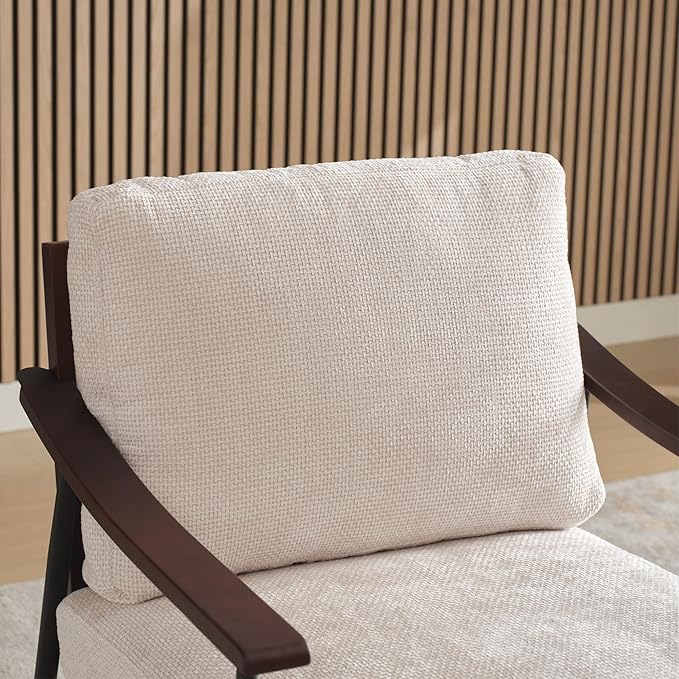 Furrnook Modern Accent Chair, Mid Century Modern Accent Chairs, Linen Fabric Arm Chair with Wood Armrests, Upholstered Leisure Chair for Living Room, Bedroom, Reception Room, White