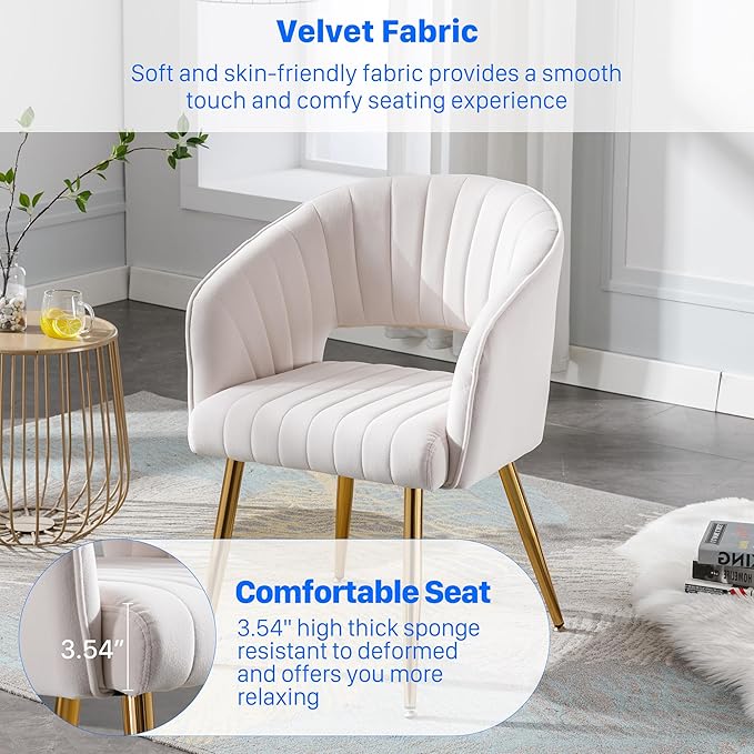 KCC Modern Accent Dining Chairs, Set of 6, Velvet Dining Chairs with Tufted Hollow Back & Gold Metal Legs for Living Room, Dining or Restaurant - Cream