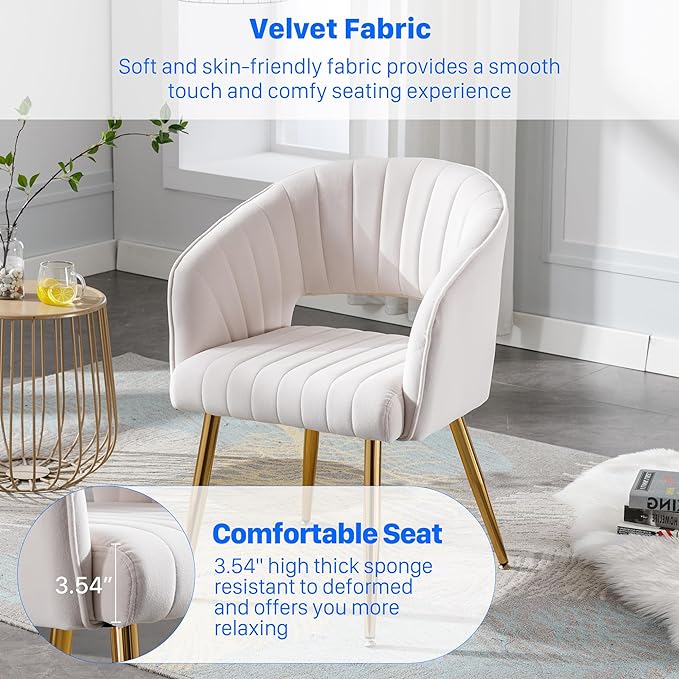 KCC Modern Velvet Desk Chair Accent Armchair Upholstered Tufted Chairs Dining Chairs, Tufted Vanity Chair Side Chairs with Gold Metal Legs for Dining Room Living Room Restaurant,1 PC &Cream