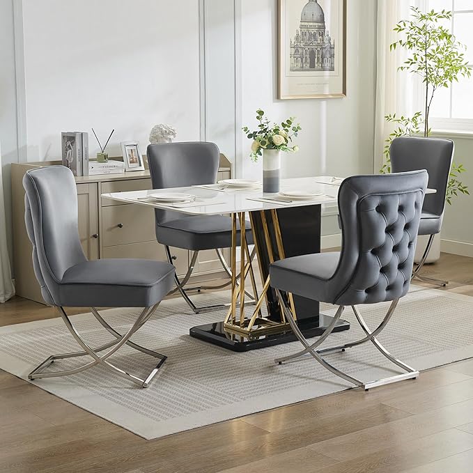WUTUTUEE Luxury Velvet Dining Chairs, Tufted Upholstered Armless Accent Chairs with Silver Metal X-Legs, Modern Glam Dining Room Chair Set of 2, Dark Grey