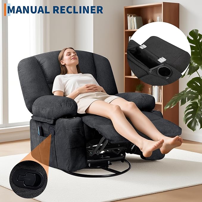 Rocker Recliner Chairs for Adults w/Vibration Massage and Heating,360° Swivel Rocker Glider Recliner,Extra Wide Manual Lazy Chair,Chenille Fabric Sofa Chair for Living Room,Bedroom,Black