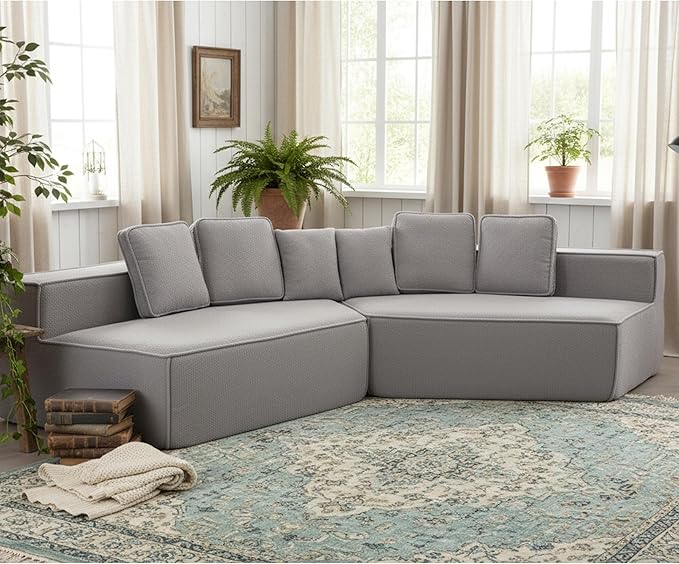 KEIKI 132" Modular Sectional Sofa Oversized Teddy Fabric Full Foam Comfort Space Saving Deep Seat Couch for Small Apartments Flexible Layout Lounging Napping Study Areas Cozy Modern Setup