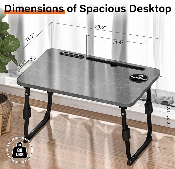 Laptop Desk for Bed Height Adjustable, Lap Bed Table with USB/Storage Drawer/Cup Holder/Tablet Stand/Book Shelf, Foldable Breakfast Tray Portable for Reading Writing, Sofa & Floor, Deep Stone Texture