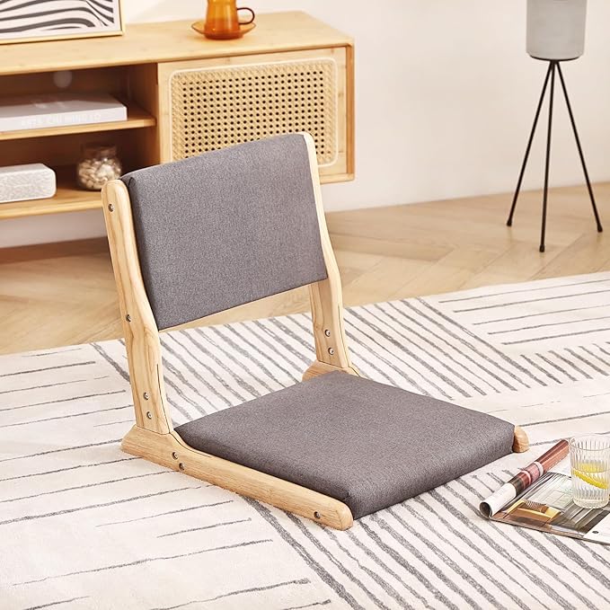 Tiita Foldable Tatami Chair, Japanese loor Chair, Wood Legless Back Rest Chairs with Cushion, Accent Meditation Floor Chairs Bay Window, Wood Dark Grey