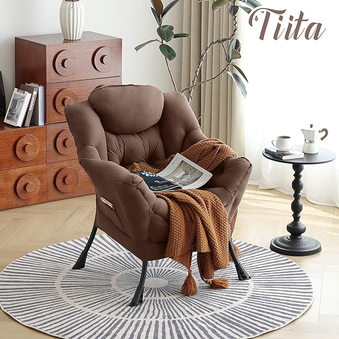 Tiita Lazy Chair, Modern Large Accent Lounge Armchair, Comfy Leisure Sofa Reading Chair for Bedroom, Living Room, Dorm Rooms, Garden and Courtyard, Brown