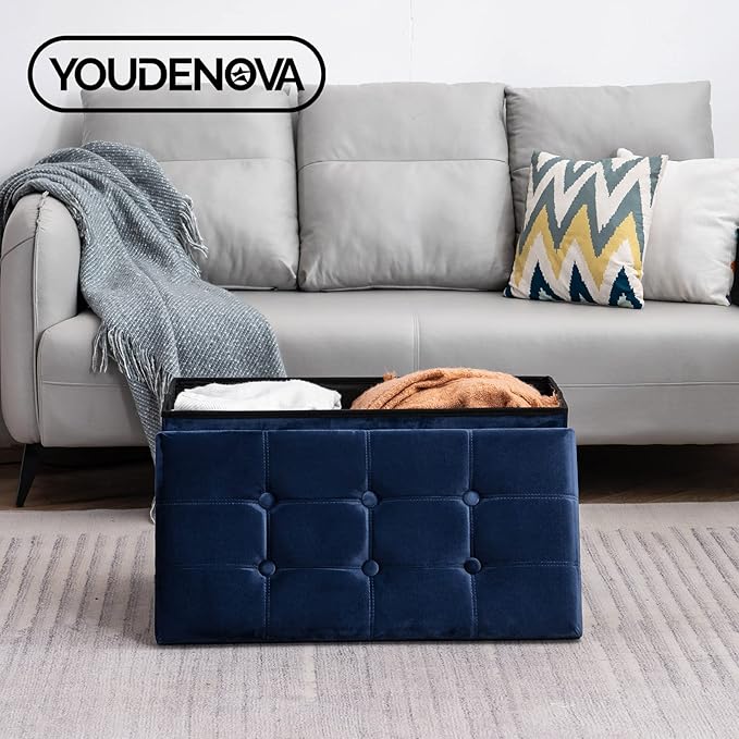30 Inches Folding Storage Ottoman Bench, Velvet Storage Chest, Footrest Couch with Wooden Legs, Support 350lbs for Bedroom, Living Room, Hallway, Navy Blue