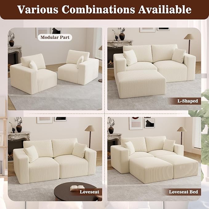 79" Modular Sectional Sofa, Cloud Couch Loveseat Memory Foam Boneless Couch with Chaise, Cozy Upholstered Corduroy Floor Couch, No Assembly Required Living Room Furniture for Apartment, Beige