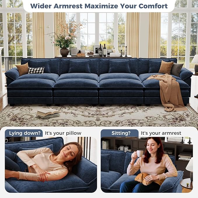CDCASA 120" Oversized Modular Sectional Sofa Bed, Comfy Cloud Couch w/ 3 Movable Ottoman, 6-Seater Chenille Deep Seat Sofa Bed Modern Sofa Couch for Living Room, DIY Combination, Blue