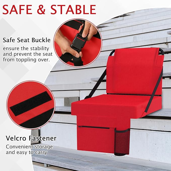 2pcs Stadium Seat for Bleachers with Back Support，Portable Bleacher Chairs with Back and Cushion，Includes Shoulder Strap and Cup Holder