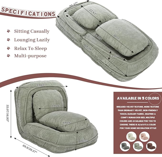 Upholstered Human Dog Bed for Adult & Pets, Convertible Lazy Sofa Bed with 5 Adjustable Position, Comfy Tatami Bean Bag Lounge Chair with 2 Soft Pillows for Bedroom Living Room Office (Green)
