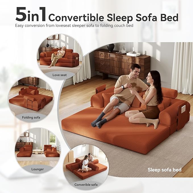 ZQRhome 79" 5-in-1 Convertible Sofa Bed, Modern Sleeper with Heavy Duty Frame, Plush Corduroy & 2 Pillows, No Assembly Couch for Entertainment & Lounge, Orange