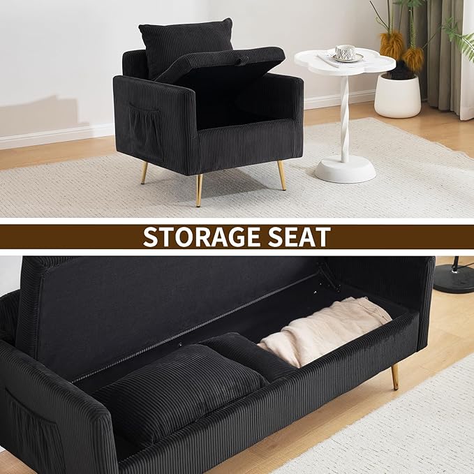 Furnimart 3-Seater Storage Sofa and Couch, Corduroy Loveseat with Accent Single Chair, Small Living Room Furniture Set for Apartment, Tiny Homes and Lofts, 2PC-Black
