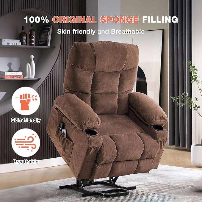 Power Lift Recliner Chair for Elderly with Vibration Massage and Lumbar Heating, Electric Lift Recliner Single Sofa with Side Pocket, Two Cup Holders and USB Charge Port for Living Room
