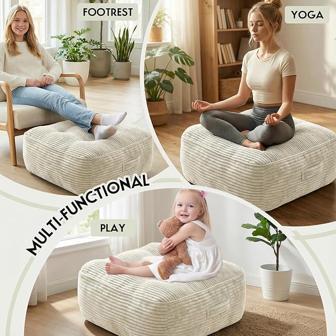11In Washable Floor Pillow for Adults, Yoga & Meditation Cushion with Handle, Square Large Pillows Seating with Removable Tufted Corduroy Cover for Tatami Living Room Board Games, Cream