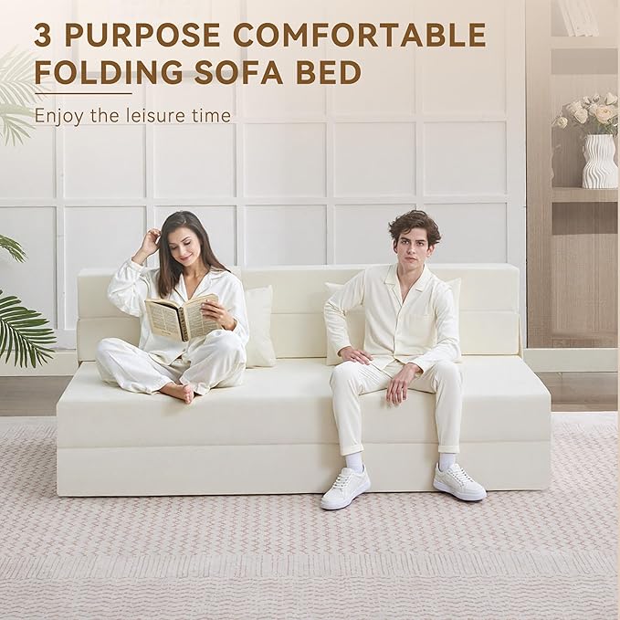 Folding Sofa Bed Convertible Floor Couch Foldable Chair Bed with Pillow，Linen Sleeper Chair Futon,Foldable Memory Foam Mattress for Bedroom/Living Room/Dorm/Office (Beige, Queen)