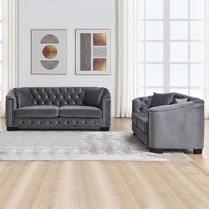 mikibama Luxury 2 Piece Chesterfield Velvet Sofa Set for Living Room, Modern Decor Furniture Sectional Sofa, 3 Seater & Loveseat Upholstered Tufted Couch for Apartment, Office, Hall(Grey)