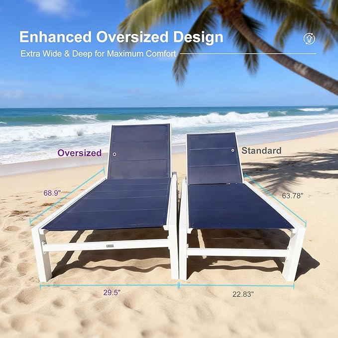 PURPLE LEAF Outdoor Oversized Chaise Lounge Set for Tall & Strong Individuals Adjustable Recliner Extra Wide Lounge Chairs with Side Table for Poolside Beach Patio Aluminum Chaise Lounger Navy Blue