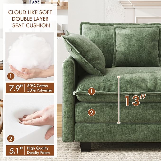 WorthFurni 77 Inch Cloud Sofa Loveseat, Comfy Sectional Couch, 2-Seater Chenille Deep Seat Sofa with Throw Pillows for Living Room Bedroom Apartment (Green)
