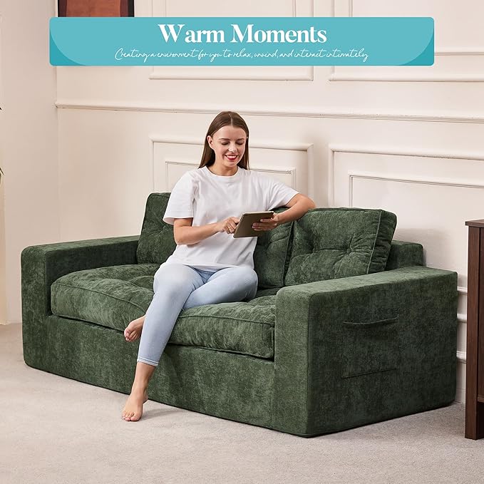 Hobestluk 3-Seater Sofa Boneless Couch with Tufted Button Design 2 in 1 Comfy Cloud Couch Oversized Sofa for Living Room Bedroom Apartment or Office (Green, 3 Seater)