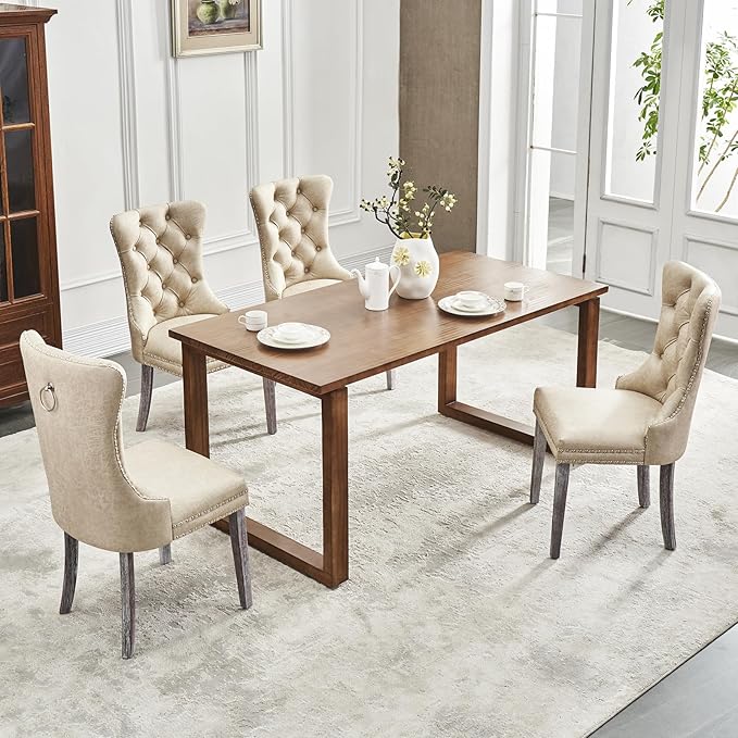 Kiztir Leather Dining Chairs Set of 6, Upholstered Dining Room Chair with Nailhead Trim and Solid Wood Legs, Luxury Wingback Dining Side Chair for Living Room, Bedroom, Kitchen (Beige)