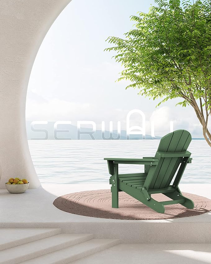 SERWALL Folding Adirondack Chair for Patio Garden, All-Weather Outdoors Chairs, Wooden Textured Fire Pit Chairs for Poolside, Backyard, Lawn - Army