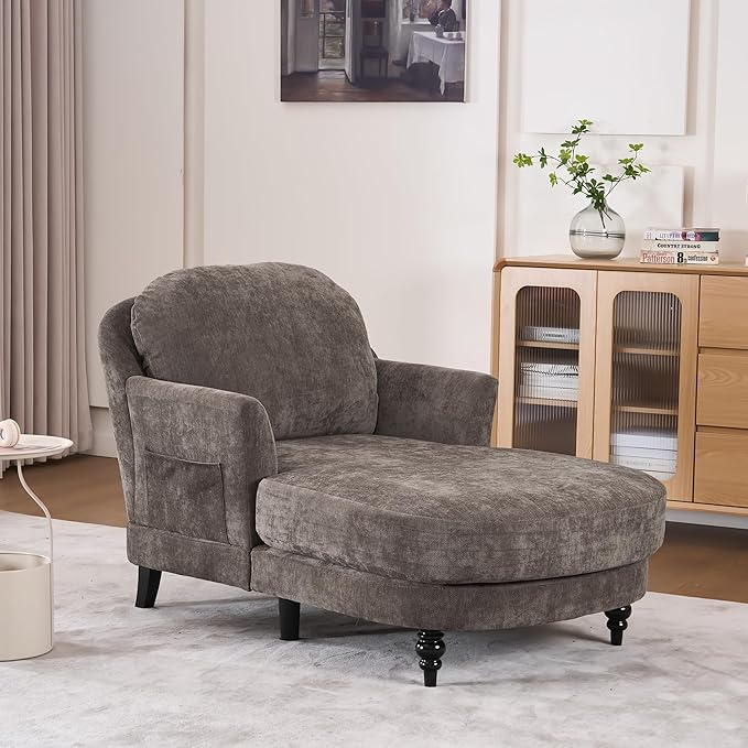 Chaise Lounge Chair Indoor with Pillows - Linen Fabric Comfy Reading Chair Bed, Upholstered Modern Small Couch Sofa Bed for Living Room, Bedroom & Apartment (Brown)
