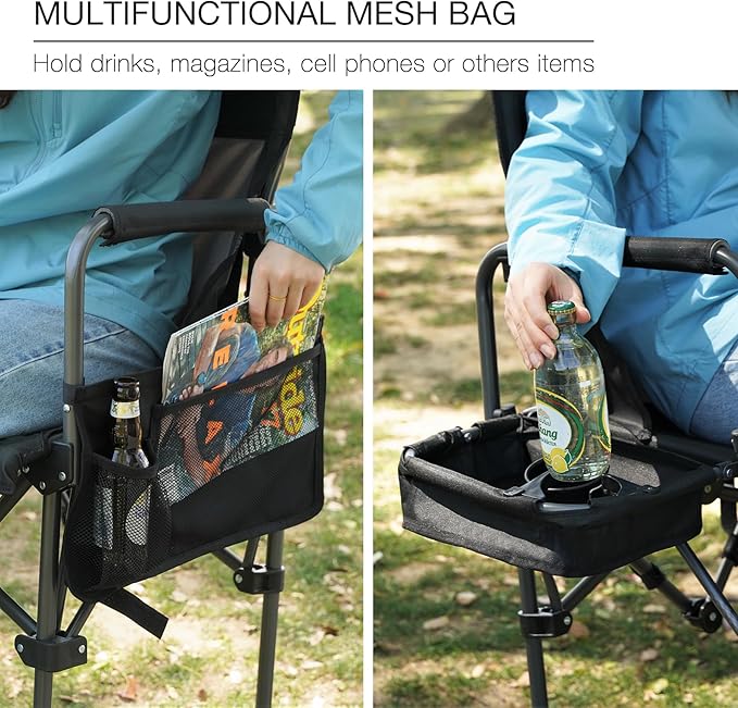 Stonehomy Portable 29" Seat Height Tall Folding Camping Chair High Foldable Directors Chair Bar Height Stool with Side Table and Storage Bag for Makeup Artist, Lawn, Craft Show, 350LBS Black, 2Pack