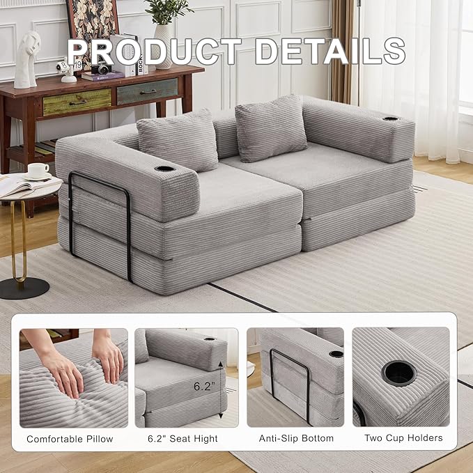 78" Loveseat Sleeper Sofa, 4 in 1 Convertible Floor Sofa Bed, Boneless Cloud Couch with Cup Holder, Fold Out Floor Couch for Living Room Bedroom Lounge, Corduroy, Light Grey