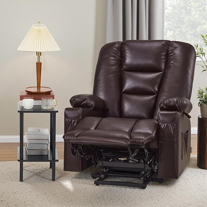 MCombo Large Power Lift Recliner Chair Sofa with Massage and Heat for Big and Tall Elderly People, 3 Positions, Cup Holders, and USB Ports, Faux Leather 7540 (Large, Dark Brown)