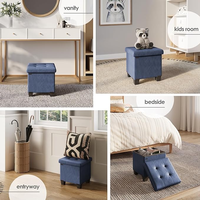 Storage Ottoman Cube with Small Bin, 16-in Square Ottoman with Storage for Living Room and Bedroom, Small Ottomans Foot Rest, Faux Leather Foot Stools Ottomans Max 330lbs, Blue